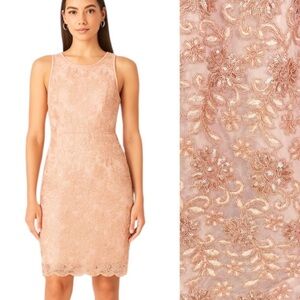 NWT Katherine Kelly Lace Dress Sheath Mesh Overlay Sequin in Peach Pink Size 2